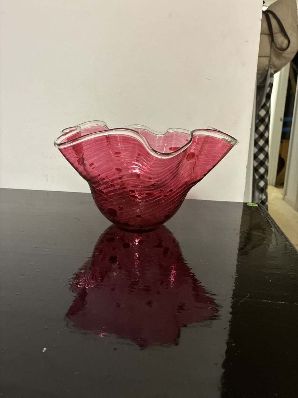 Hand Blown Art Glass Cranberry Pink Ruffled Rim Bowl with Controlled Bubbles